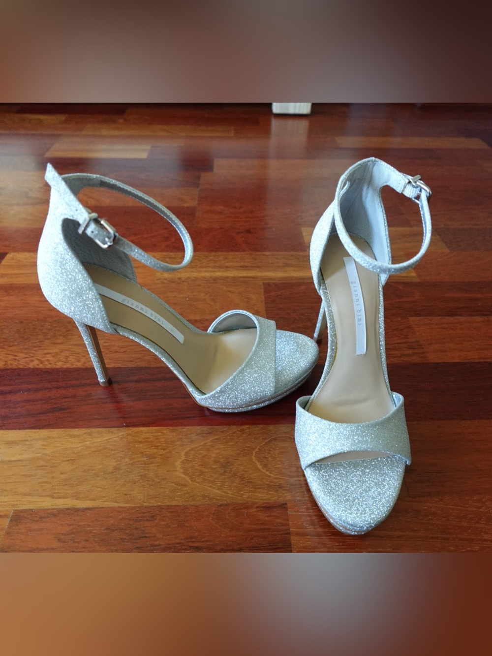 Gianni Bini Silver Glitter Ankle-Strap Stiletto Sandals